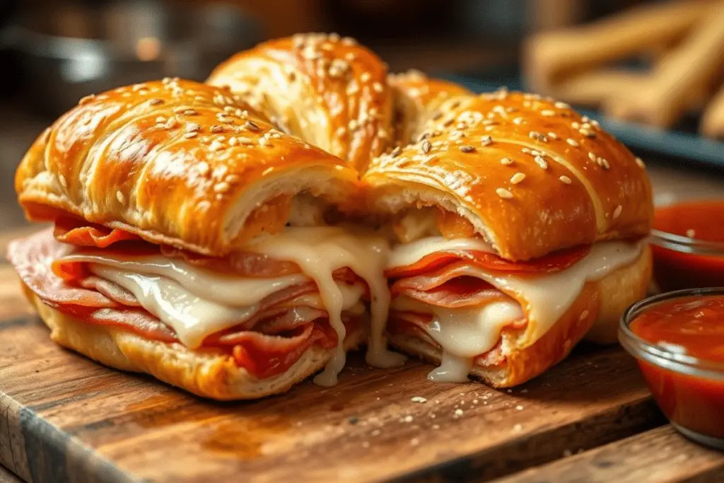 Golden Italian crescent roll sandwich bake layered with melted cheese, ham, salami, and pepperoni, brushed with garlic herb butter. Served with marinara sauce on a rustic wooden board in a cozy kitchen setting.