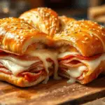 Golden Italian crescent roll sandwich bake layered with melted cheese, ham, salami, and pepperoni, brushed with garlic herb butter. Served with marinara sauce on a rustic wooden board in a cozy kitchen setting.