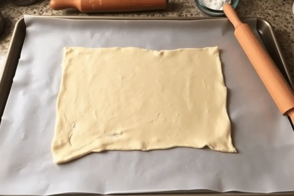 A baking sheet with crescent roll dough rolled out into a rectangle, ready to be layered with fillings.