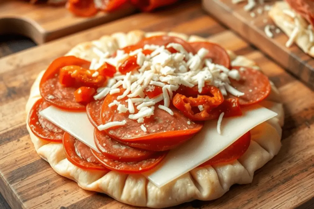 Crescent roll dough topped with layers of provolone cheese, salami, ham, pepperoni, roasted red peppers, and mozzarella cheese, creating a hearty Italian filling.

