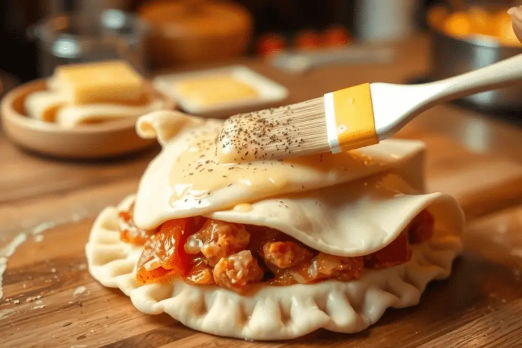 Crescent roll dough covering the sandwich filling, brushed with melted butter and Italian seasoning for a golden-baked crust.