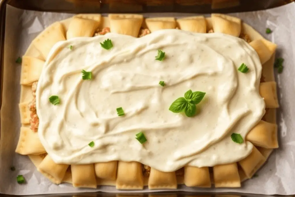 Crescent roll dough covering the sandwich filling, brushed with melted butter and Italian seasoning for a golden-baked crust.