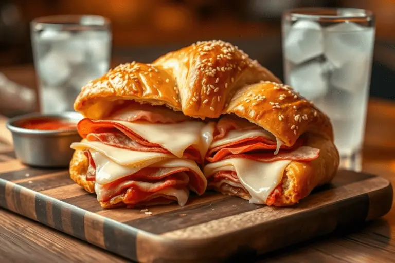 Golden Italian crescent roll sandwich bake layered with melted cheese, ham, salami, and pepperoni, brushed with garlic herb butter. Served with marinara sauce and a frosty glass of white soda in a cozy kitchen setting.