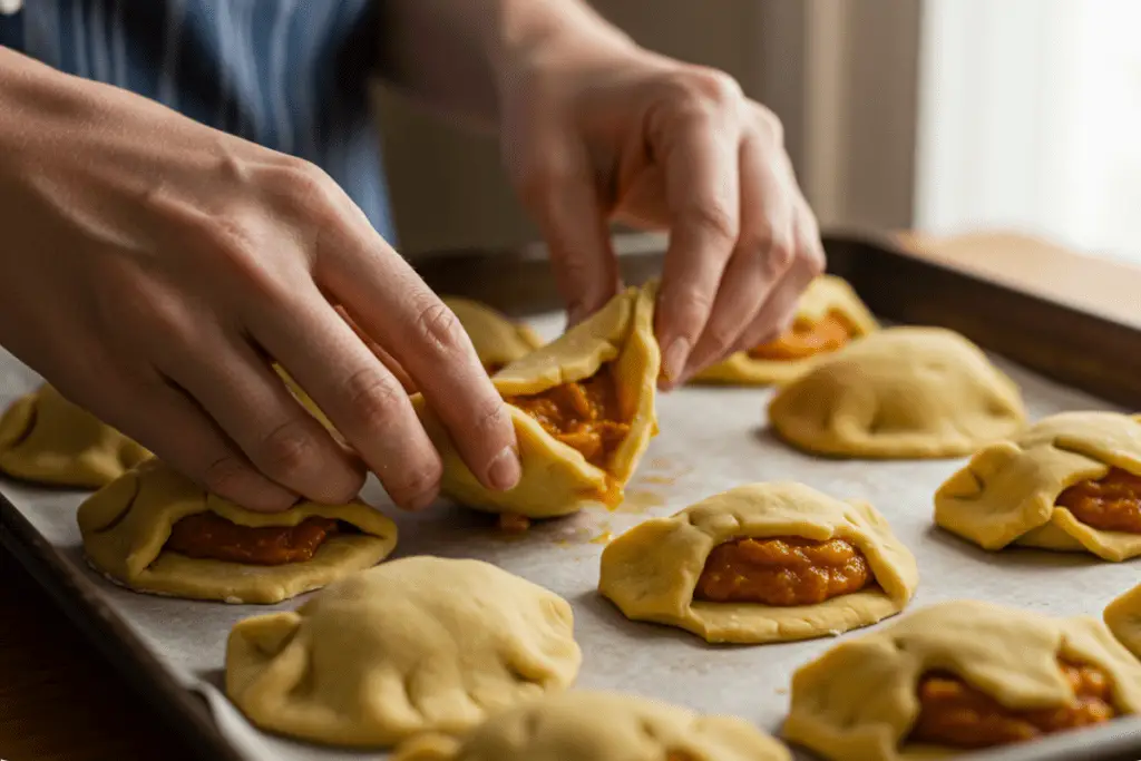 Golden-brown Enchanted Pumpkin Pasties baking in the oven, with a flaky, crispy crust and a warm pumpkin filling.