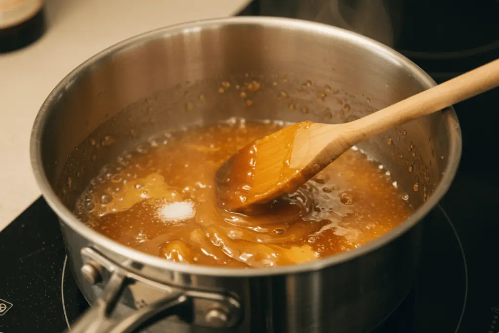 A saucepan simmering with butterscotch syrup, creating a sweet, rich mixture for the Butterbeer Elixir.