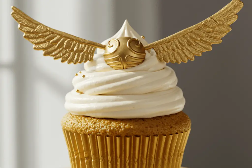 Golden Snitch Cupcakes decorated with golden buttercream frosting and edible wings, creating a magical dessert for any occasion.