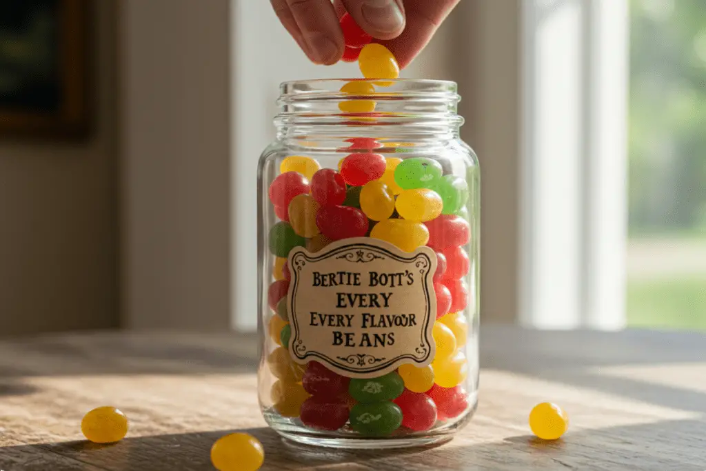 A whimsical jar of Bertie Bott’s Every Flavor Beans, ready to be sampled by curious wizards and witches.