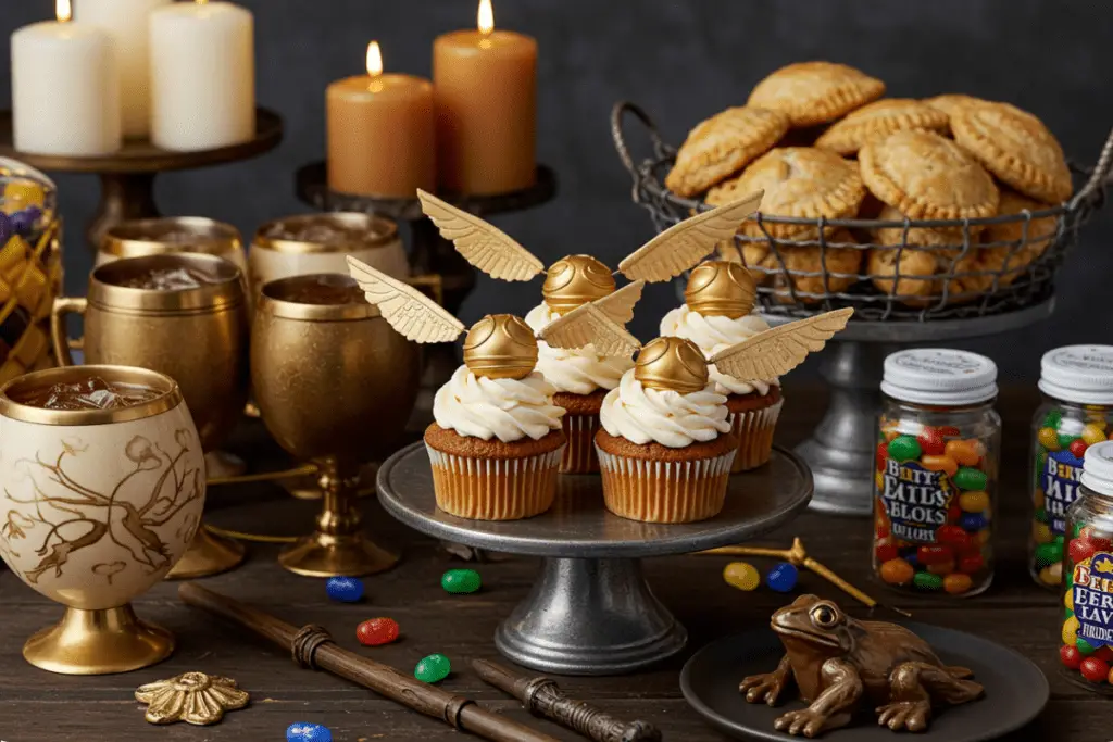 Magical ingredients and wizarding tools displayed on a wooden table with enchanted recipes like Butterbeer, pumpkin pasties, and treacle tart, set in a cozy, mystical Hogwarts kitchen ambiance