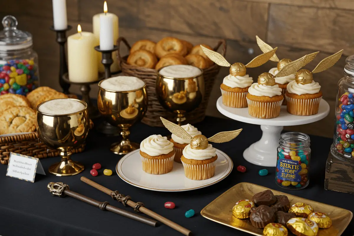 Magical ingredients and wizarding tools displayed on a wooden table with enchanted recipes like Butterbeer, pumpkin pasties, and treacle tart, set in a cozy, mystical Hogwarts kitchen ambiance