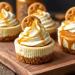 Delicious no-bake mini Biscoff cheesecakes with a Biscoff cookie crust, creamy filling, whipped cream topping, and a drizzle of Biscoff spread. Garnished with a whole Biscoff cookie and served in a cozy, rustic setting.