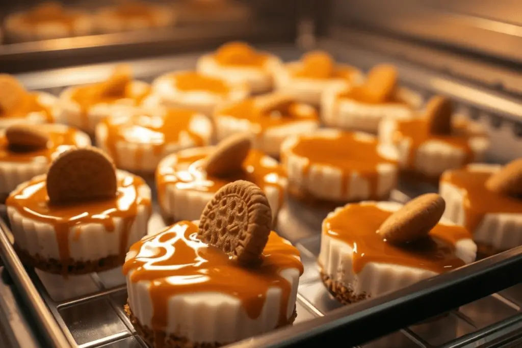 A tray of no-bake mini Biscoff cheesecakes chilling in the fridge, topped with a drizzle of Biscoff spread and cookie crumbles.