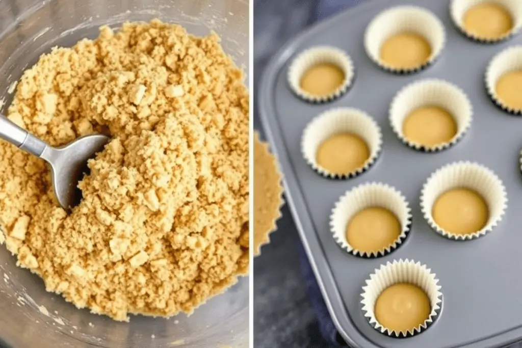 A bowl of crushed Biscoff cookies mixed with melted butter, forming a golden, buttery crust for mini cheesecakes.