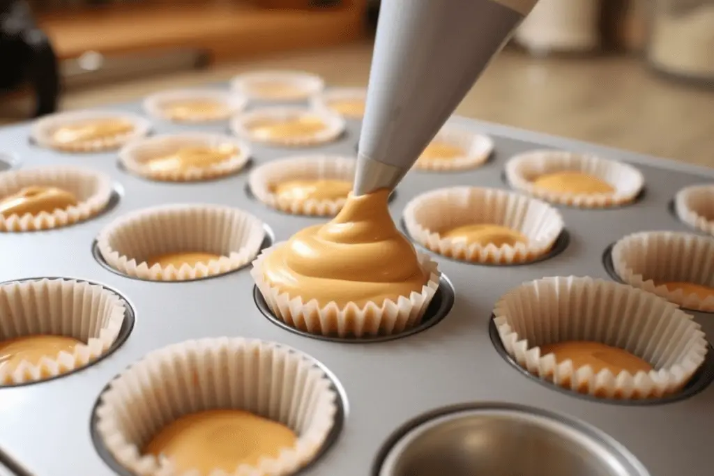 Mini cheesecake cups being filled with creamy Biscoff cheesecake mixture over a buttery Biscoff cookie crust.