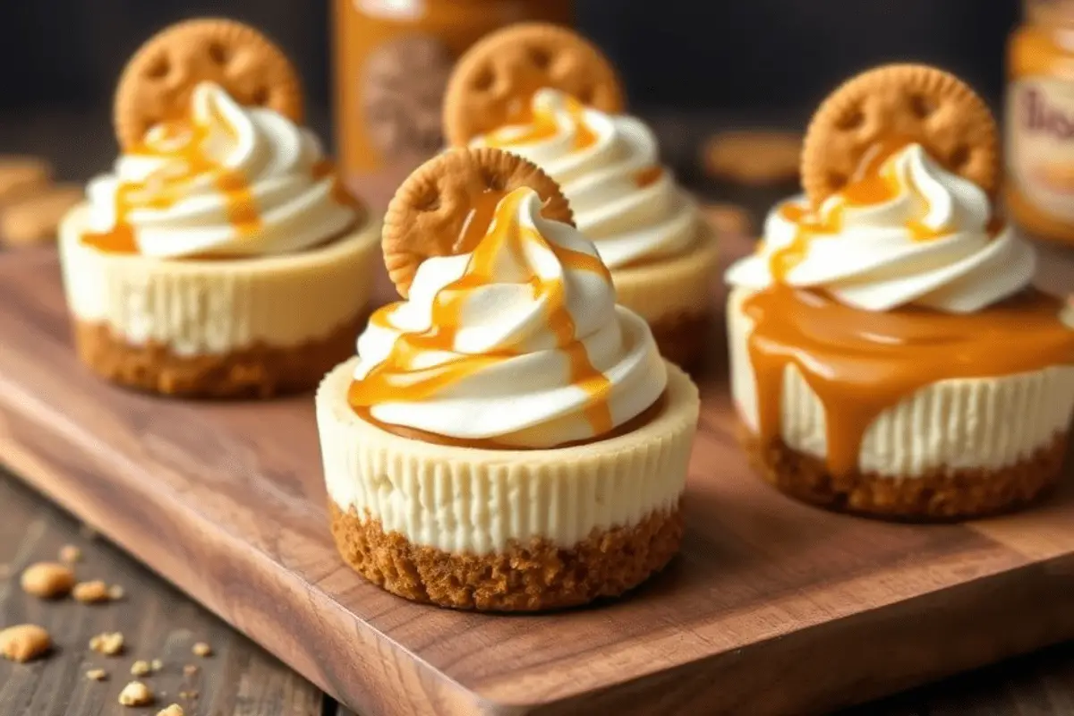 Delicious no-bake mini Biscoff cheesecakes with a Biscoff cookie crust, creamy filling, whipped cream topping, and a drizzle of Biscoff spread. Garnished with a whole Biscoff cookie and served in a cozy, rustic setting.