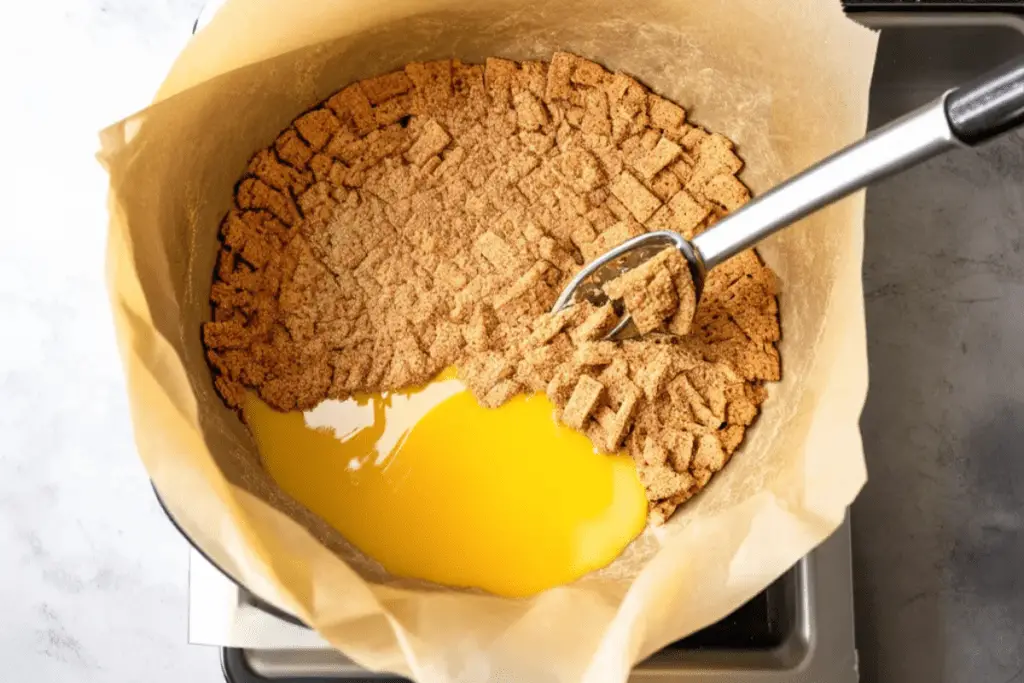 A baking dish with a freshly pressed graham cracker crust, ready to be baked for Ravenclaw-themed cheesecake bars.