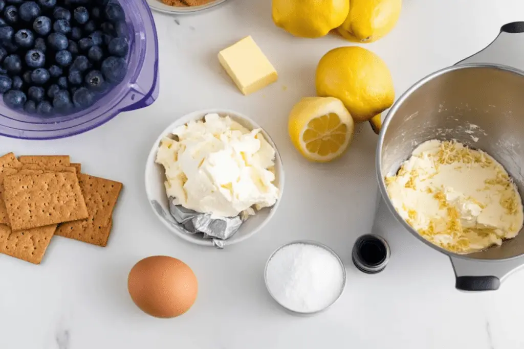 A kitchen setup with graham crackers, cream cheese, blueberries, and baking essentials, ready to make Ravenclaw Blueberry Swirl Cheesecake Bars.

