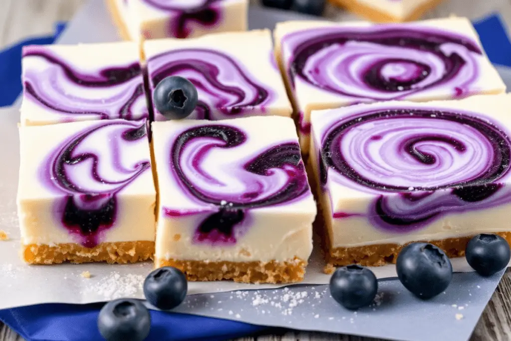 Ravenclaw blueberry swirl cheesecake bars with a creamy cheesecake layer, vibrant blueberry swirls, and a golden crust. Garnished with fresh blueberries and a touch of powdered sugar in a magical setting.