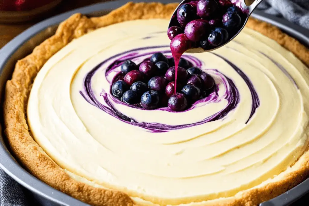 A mixing bowl filled with creamy cheesecake batter, with a separate deep blue blueberry mixture ready to create Ravenclaw swirls.