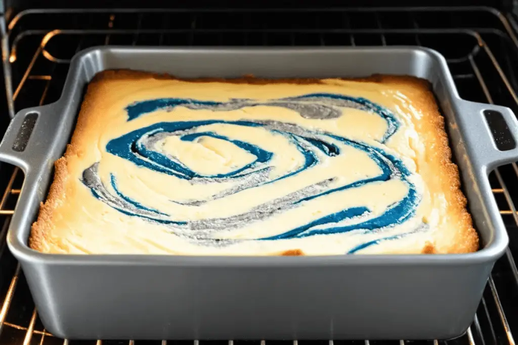 A baking dish with cheesecake batter swirled with deep blue blueberry puree, creating a magical Ravenclaw-inspired design.