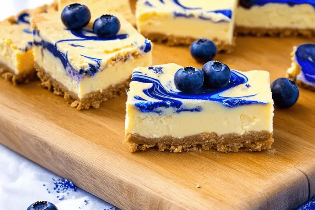 A tray of Ravenclaw Blueberry Swirl Cheesecake Bars baking in the oven, with a beautifully marbled surface forming.

