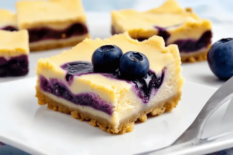 Ravenclaw blueberry swirl cheesecake bars with a creamy cheesecake base, vibrant blueberry swirls, and a golden crust. Garnished with fresh blueberries and powdered sugar in a wizarding-inspired setting.