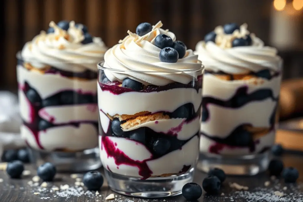 Elegant Ravenclaw blueberry white chocolate trifle layered with vanilla cake, white chocolate mousse, and blueberry compote, topped with whipped cream, blueberries, and white chocolate shavings. Served in a glass with a magical, scholarly setting.