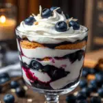 Elegant Ravenclaw blueberry white chocolate trifle layered with vanilla cake, white chocolate mousse, and blueberry compote, topped with whipped cream, blueberries, and white chocolate shavings. Served in a glass with a magical, scholarly setting.