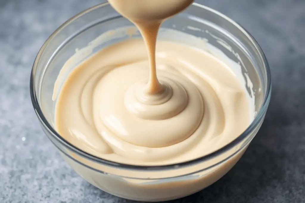 A bowl of white chocolate pudding being whisked to a smooth consistency, with melted white chocolate being added for richness.