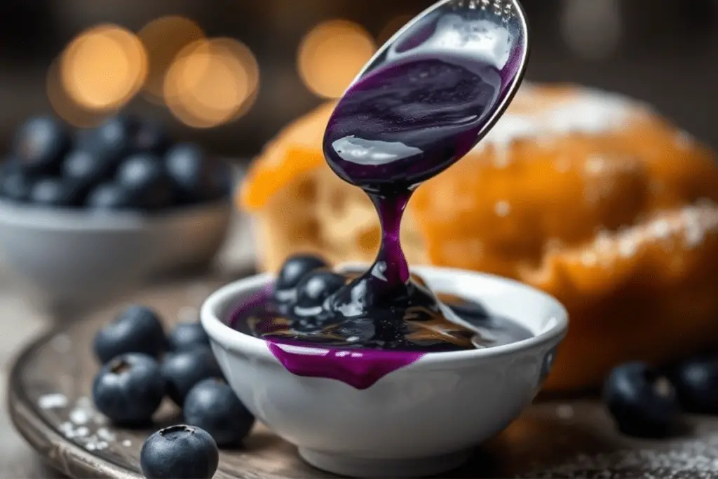 A spoon pouring rich blueberry compote over a layer of vanilla sponge cake in a trifle glass, adding a burst of flavor and color.