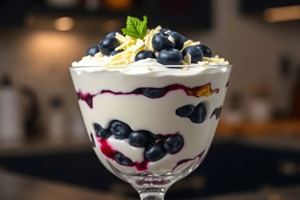 A completed Ravenclaw Blueberry White Chocolate Trifle in a glass, garnished with fresh blueberries, white chocolate shavings, and a silver edible star for a magical touch