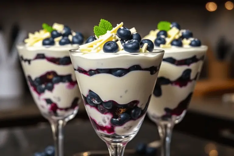 three completed Ravenclaw Blueberry White Chocolate Trifle in a glass, garnished with fresh blueberries, white chocolate shavings, and a silver edible star for a magical touch