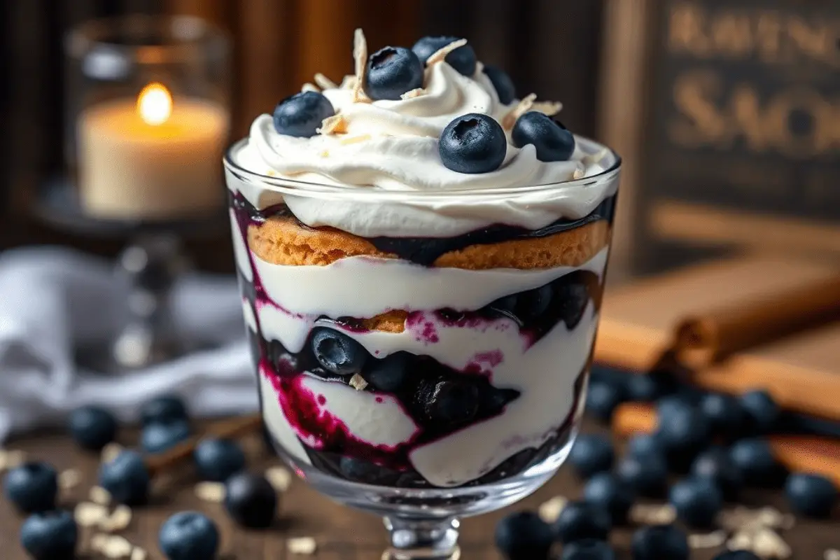 Elegant Ravenclaw blueberry white chocolate trifle layered with vanilla cake, white chocolate mousse, and blueberry compote, topped with whipped cream, blueberries, and white chocolate shavings. Served in a glass with a magical, scholarly setting.