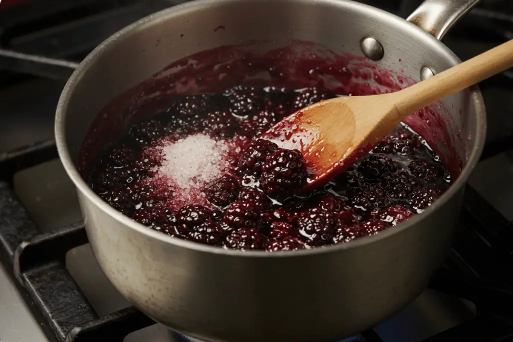 Blackberries, sugar, and water simmering together to create a vibrant and glossy blackberry glaze.