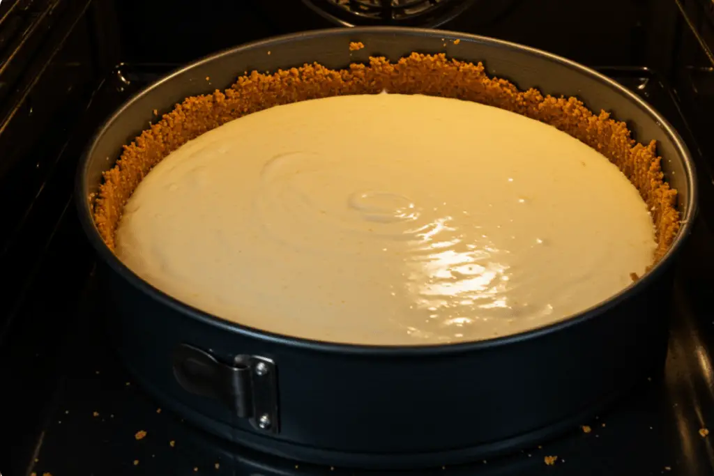 A cheesecake in a springform pan, ready for baking in the oven, ensuring a smooth, creamy texture