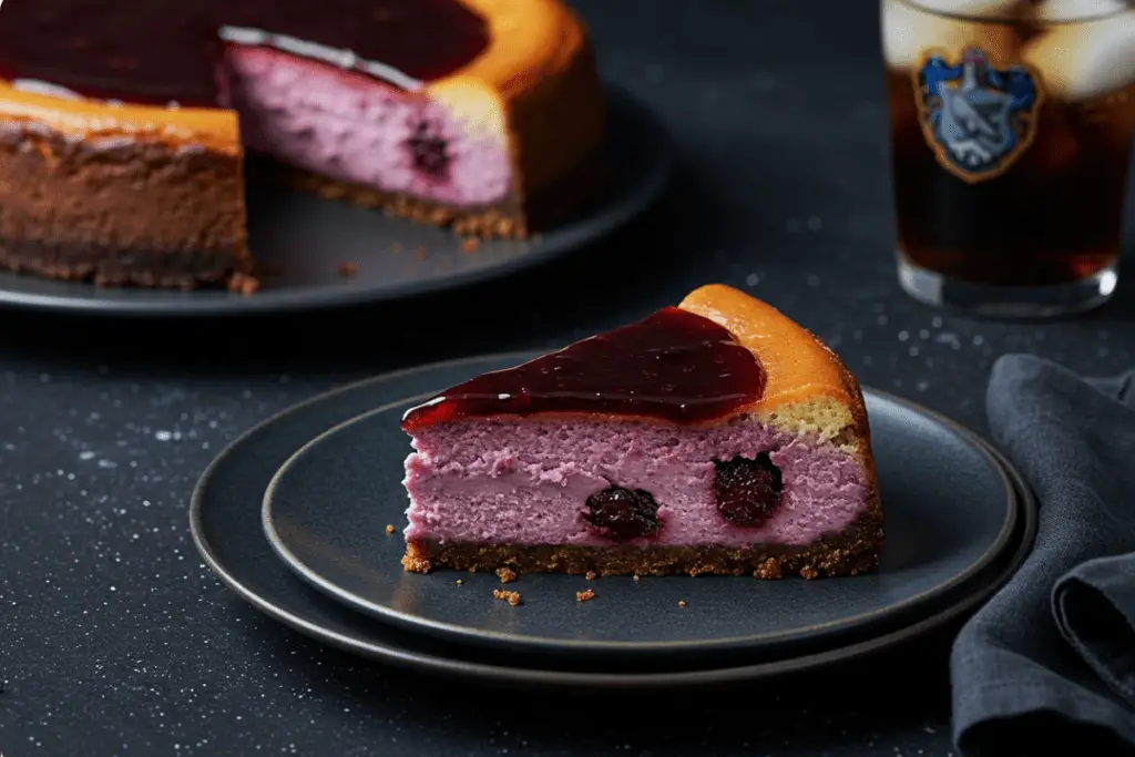 A slice of Ravenclaw Eclipse Cheesecake on a plate, decorated with blackberry glaze and fresh berries, ready to serve with a drink.