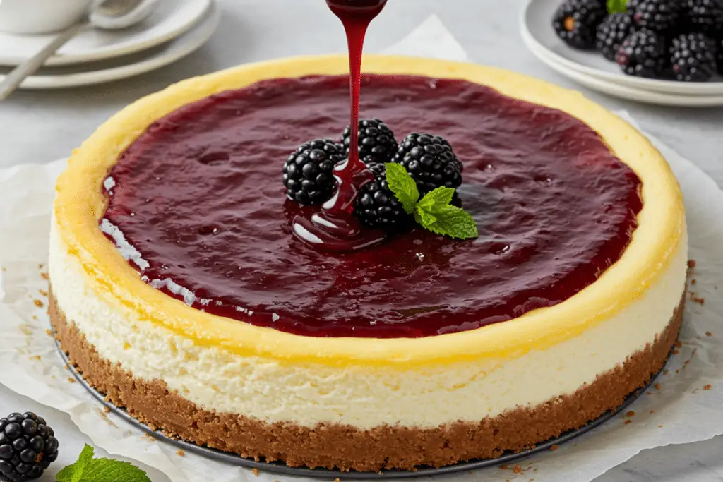 Blackberry glaze being drizzled over the cheesecake, decorated with fresh blackberries and mint for an elegant touch.