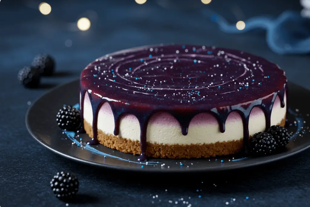 Ravenclaw Eclipse Cheesecake with a creamy base, blackberry glaze, fresh blackberries, and edible glitter, set against a magical, starry backdrop with blue and silver accents