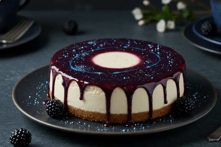 Ravenclaw Eclipse Cheesecake with a creamy base, blackberry glaze, fresh blackberries, and edible glitter, set against a magical, starry backdrop with blue and silver accents