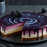 Ravenclaw Eclipse Cheesecake with a creamy base, blackberry glaze, fresh blackberries, and edible glitter, set against a magical, starry backdrop with blue and silver accents