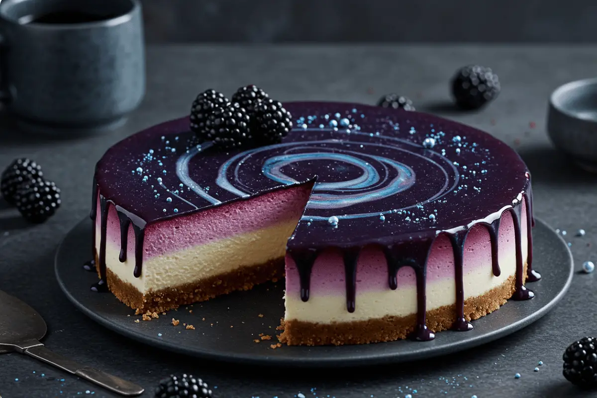 Ravenclaw Eclipse Cheesecake with a creamy base, blackberry glaze, fresh blackberries, and edible glitter, set against a magical, starry backdrop with blue and silver accents