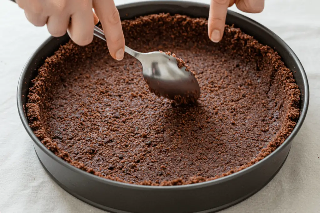 A rich chocolate cookie crust being pressed into a springform pan to create a firm base for the cheesecake.