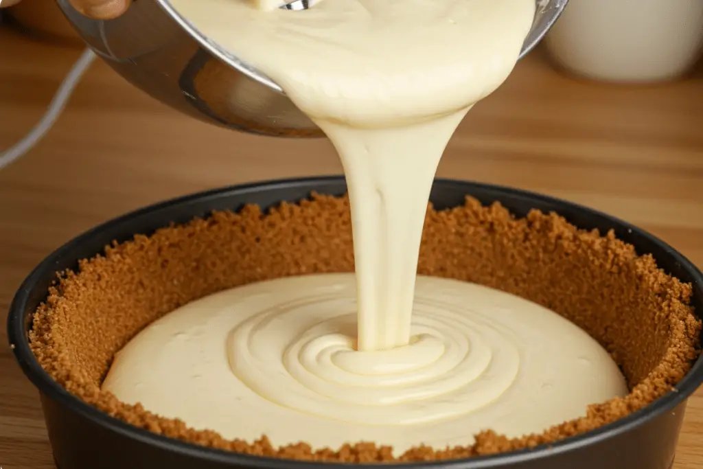 Cream cheese, sugar, and eggs being blended into a smooth batter for the cheesecake, poured over the chocolate cookie crust.