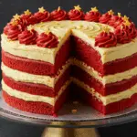 Homemade Gryffindor Layer Cake with alternating red velvet and golden buttercream layers, topped with edible gold stars and set on an elegant cake stand in a magical, warm glow.