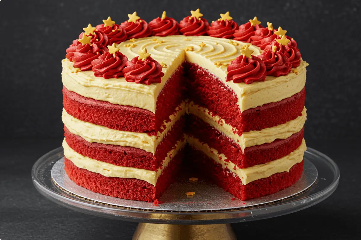 Homemade Gryffindor Layer Cake with alternating red velvet and golden buttercream layers, topped with edible gold stars and set on an elegant cake stand in a magical, warm glow.