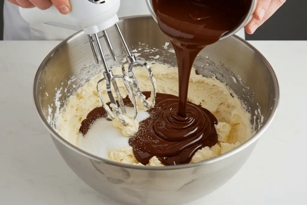 A smooth and creamy dark chocolate cheesecake batter being mixed, creating the rich base of the Ravenclaw Wisdom Cheesecake.