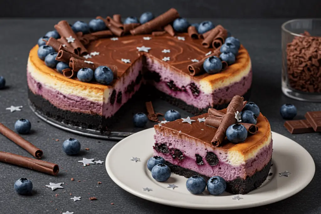 A beautifully decorated Ravenclaw Wisdom Cheesecake topped with blueberries, chocolate shavings, and silver edible stars, served on a plate with a fork ready to dig in