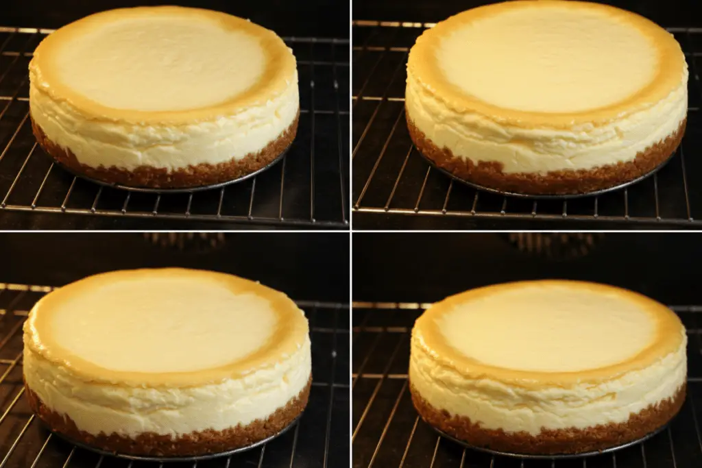 A freshly baked Ravenclaw-inspired cheesecake cooling on a wire rack, its deep chocolate and blueberry layers setting into a smooth and creamy texture