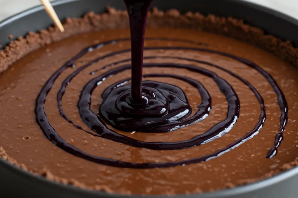 A dark chocolate cheesecake with swirls of deep blue and purple blueberry sauce, ready to be baked to perfection.