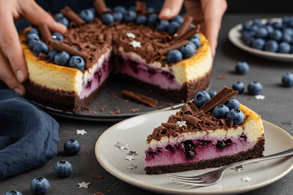 A beautifully decorated Ravenclaw Wisdom Cheesecake topped with blueberries, chocolate shavings, and silver edible stars, served on a plate with a fork ready to dig in.