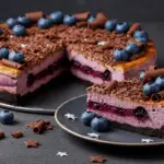 Ravenclaw dark chocolate and blueberry cheesecake with creamy swirls, fresh blueberries, and a golden crust, topped with silver sprinkles in a magical, wizarding-inspired setting